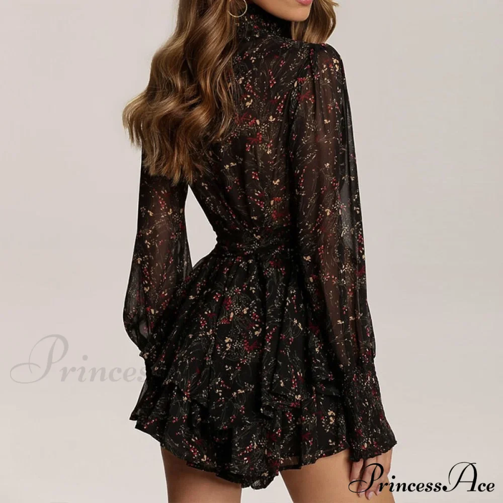 Turtleneck Long Sleeve Chiffon A Line Dress - Image 5