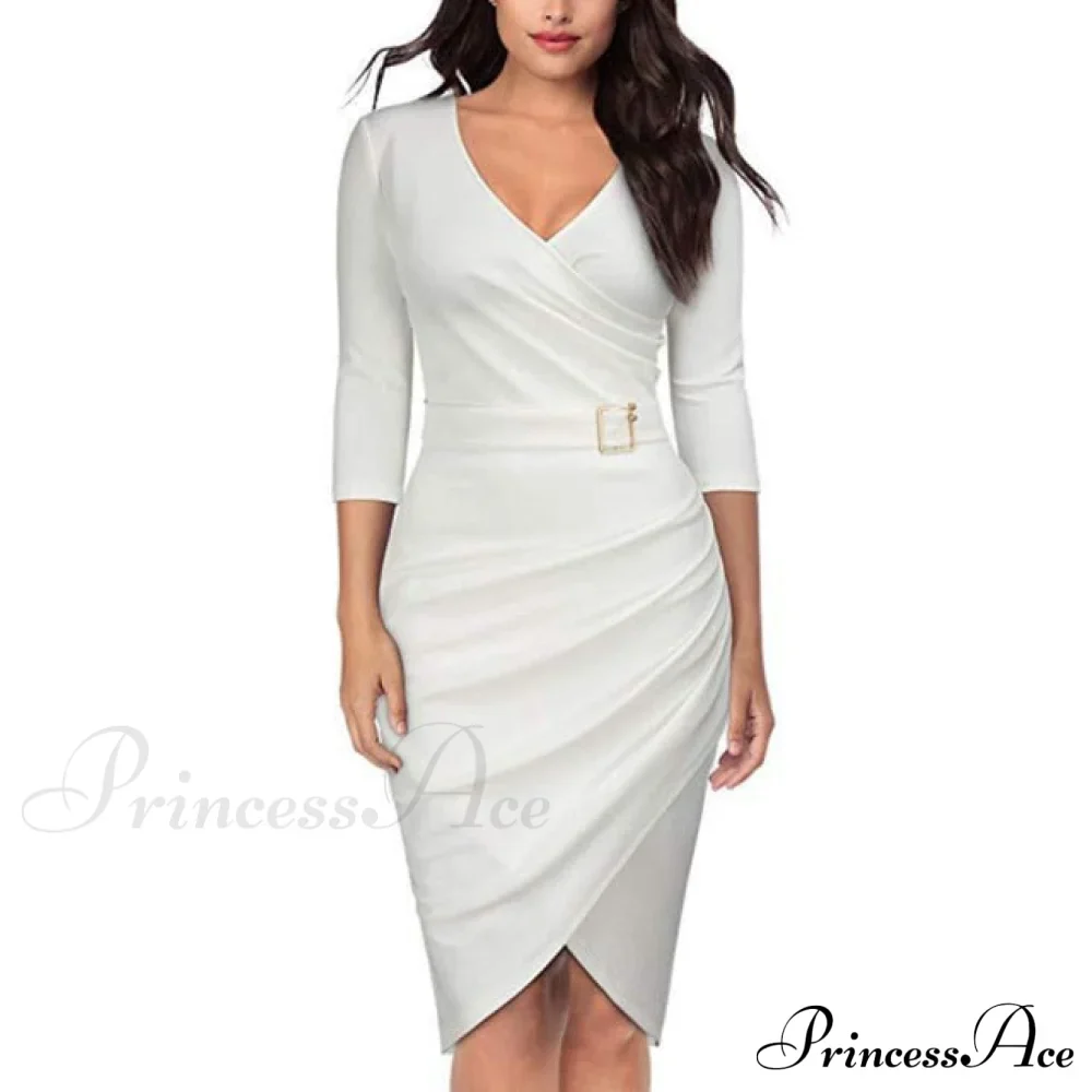 Solid Color V Neck 3/4 Sleeve Pencil Dress - Image 6