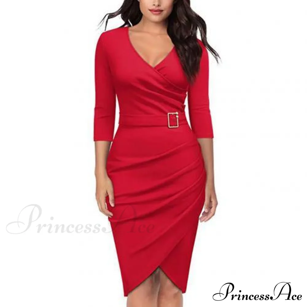 Solid Color V Neck 3/4 Sleeve Pencil Dress - Image 7