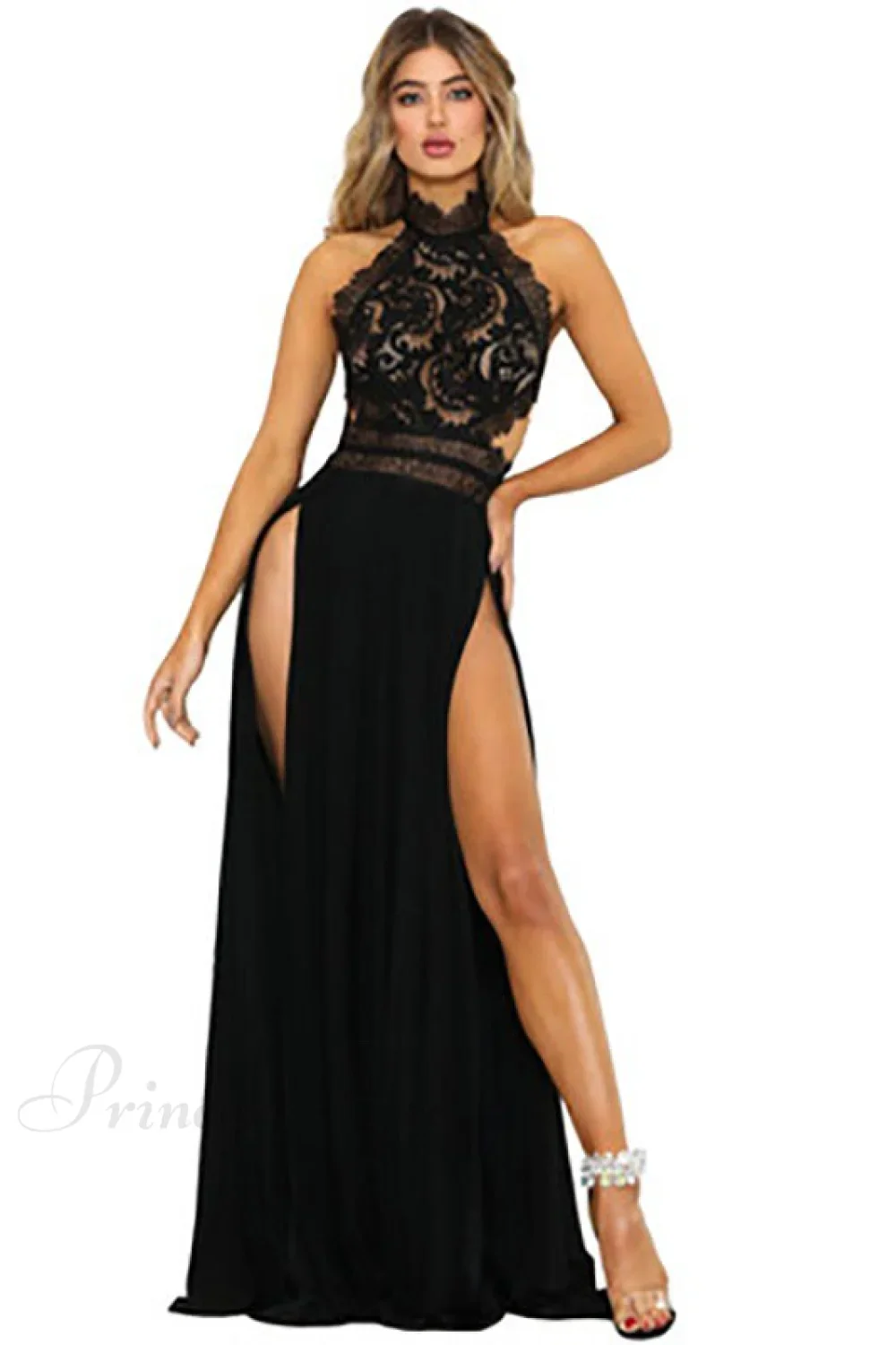 lady's Sexy See-Through lace Nude Back High Slit Dress - Image 3
