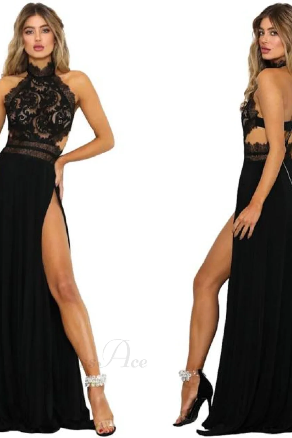 lady's Sexy See-Through lace Nude Back High Slit Dress - Image 7