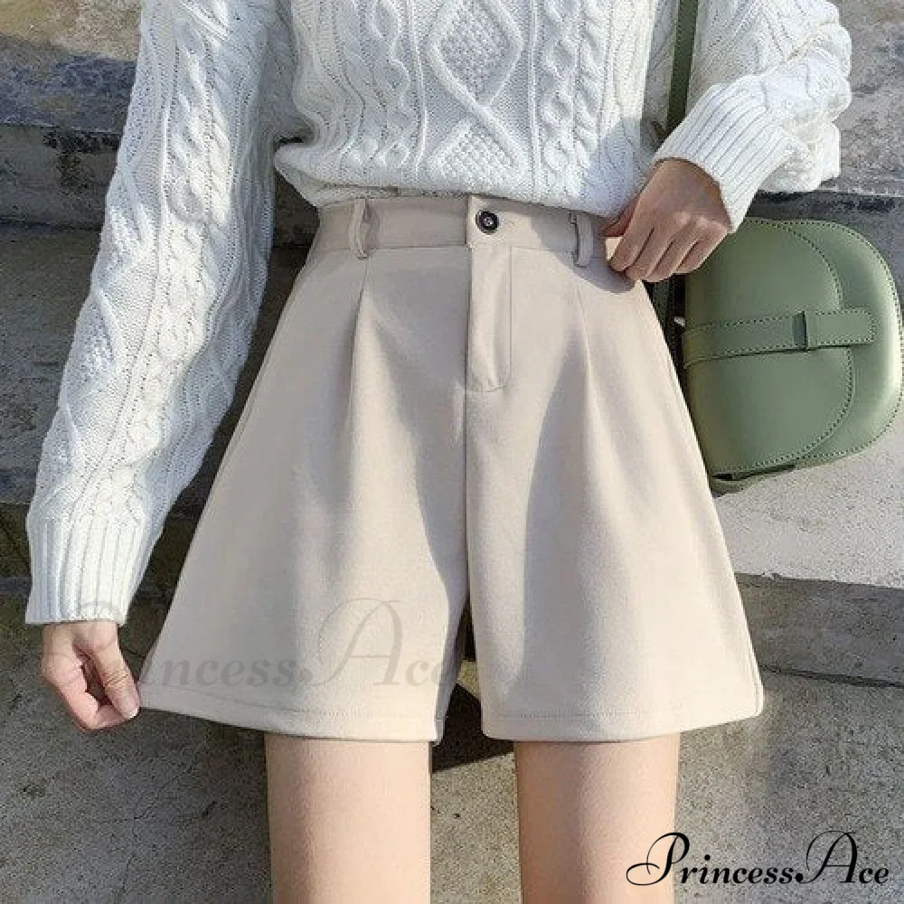Fashion Solid Wide Leg Woolen Shorts - Image 2