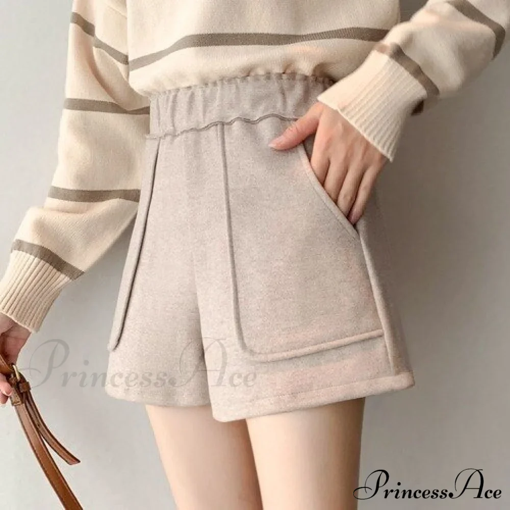 Fashion Solid Wide Leg Woolen Shorts - Image 7