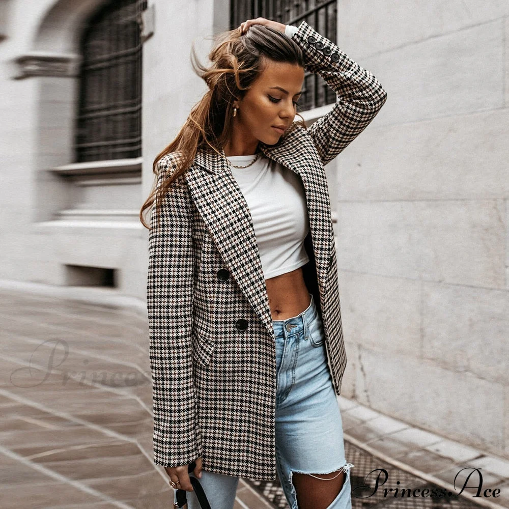 Ladies Notched Collar Plaid Blazer - Image 3