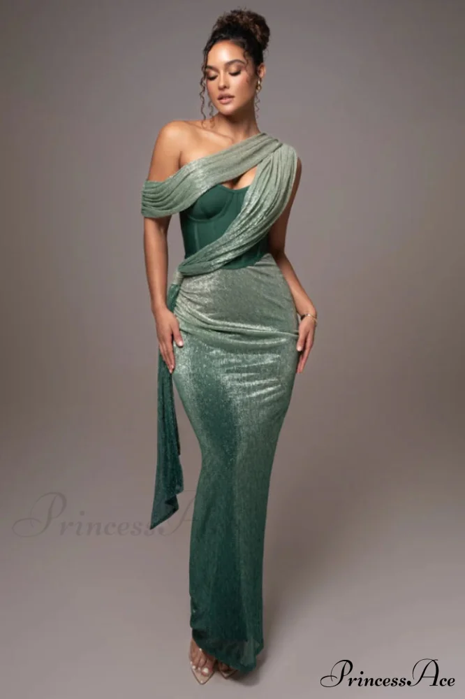 Green Draped Stylish Maxi Dress - Image 2