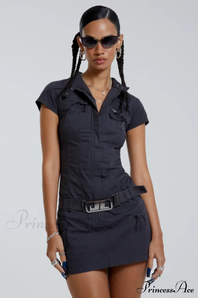 Belted Cargo Mini Charming Dress In Grey