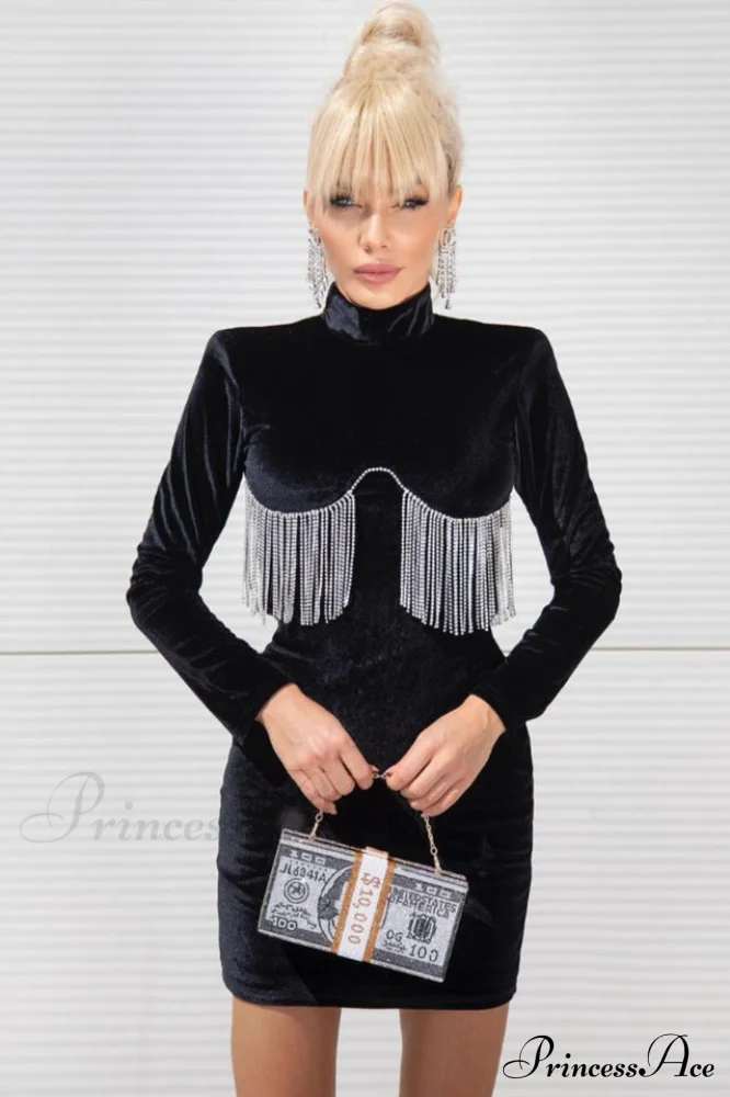 Black Crystal Fringe Charming Velvet Mini Dress