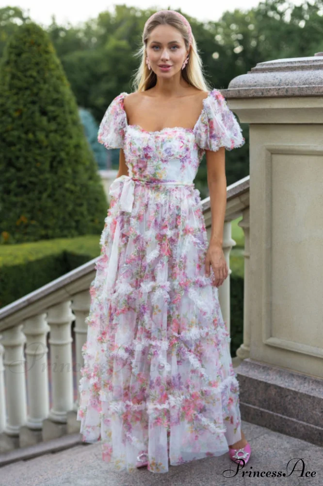 Floral Tulle Puff Sleeve Bow Tie Maxi Dress