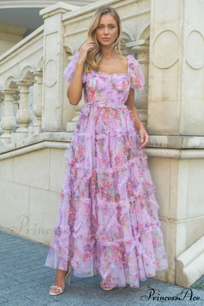 Floral Tulle Puff Sleeve Bow Tie Maxi Dress - Image 4
