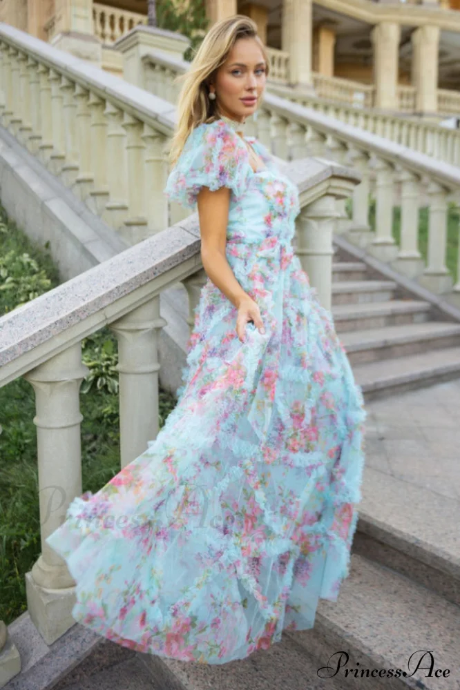 Floral Tulle Puff Sleeve Bow Tie Maxi Dress - Image 9