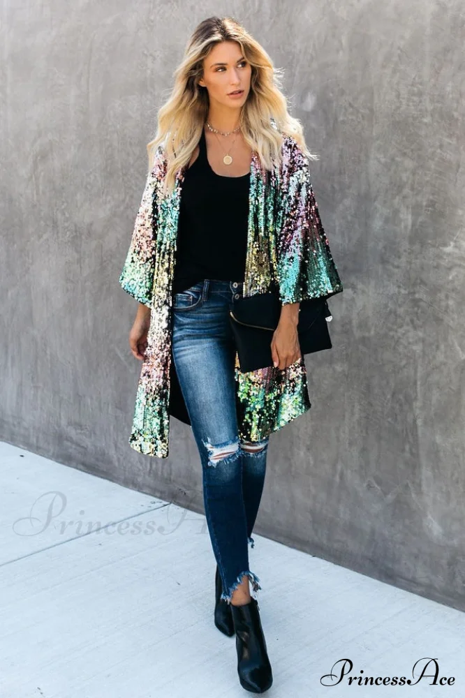 Colorful Mid-Length Stylish Sequin Cardigan