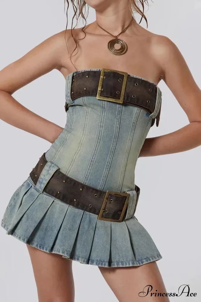 Chelsea Denim Stylish Kilt Mini Dress - Image 7