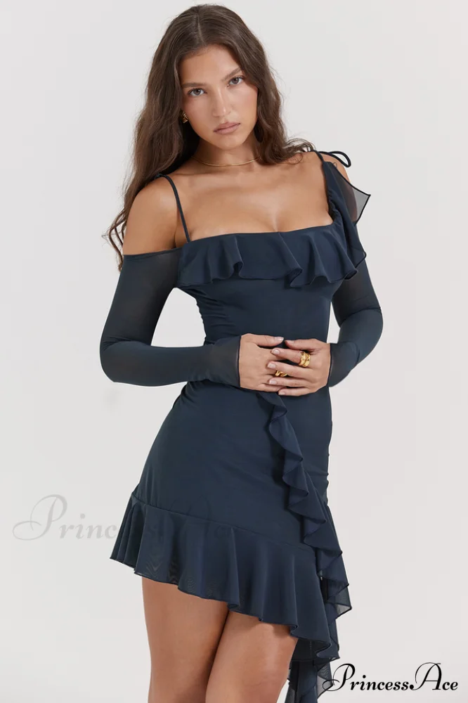 French Navy Stylish Ruffle Mini Dress