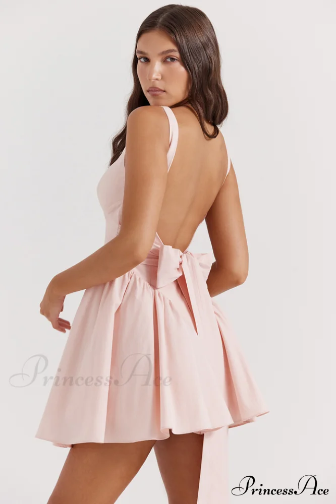 Floriane Peach Stylish Bow Mini Dress