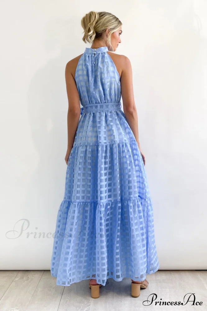 Check Halter Neck Charming Tie Waist Maxi Dress - Image 6
