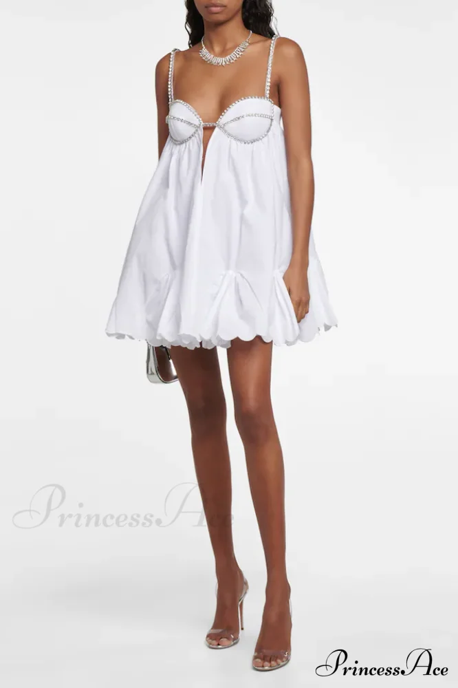 Crystal Trimmed Stylish Scallop Mini Dress - Image 4