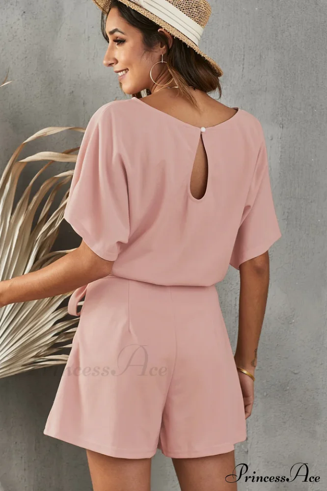 Elaine Tie Belt Charming Short Sleeve Romper - Image 2
