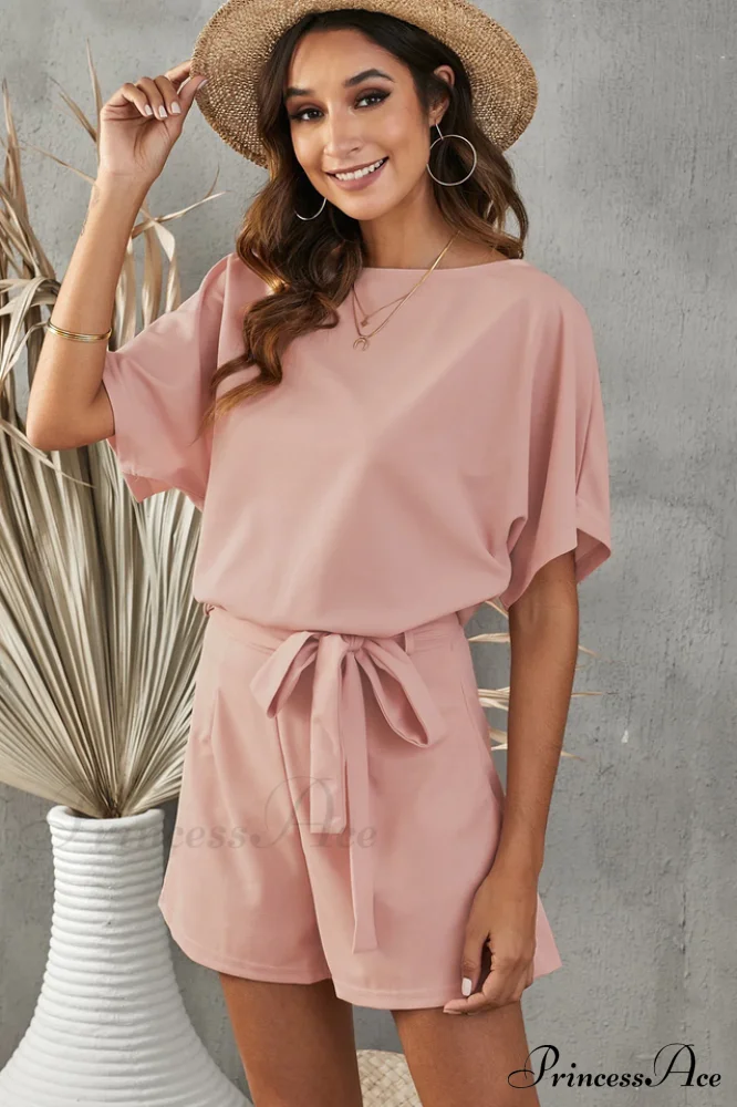 Elaine Tie Belt Charming Short Sleeve Romper - Image 4