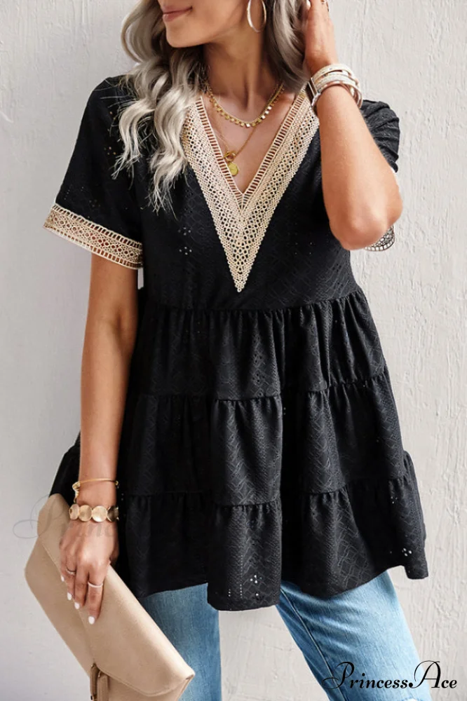 Contrast Short Stylish Sleeve Tiered Blouse - Image 14