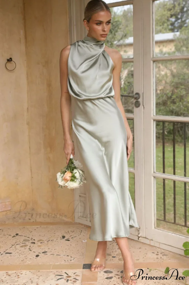 Halter Sleeveless Satin Bridesmaid Dress - Image 2