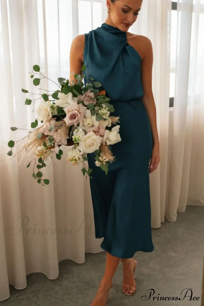 Halter Sleeveless Satin Bridesmaid Dress - Image 29