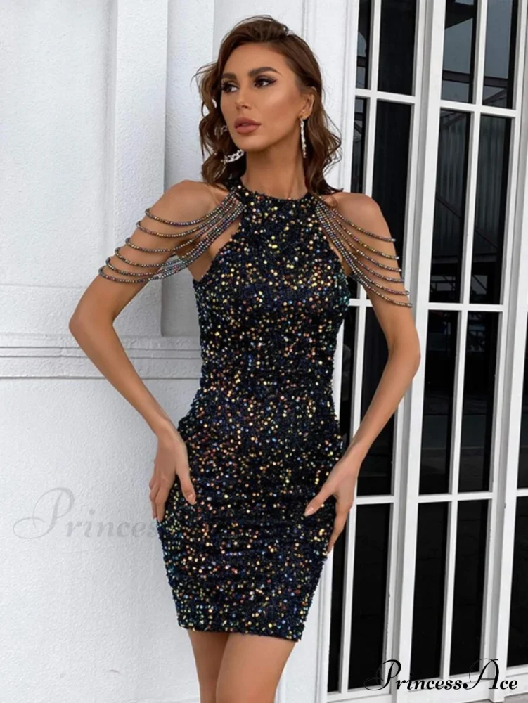 Chain Detail Stylish Sequin Bodycon Dress - Image 12