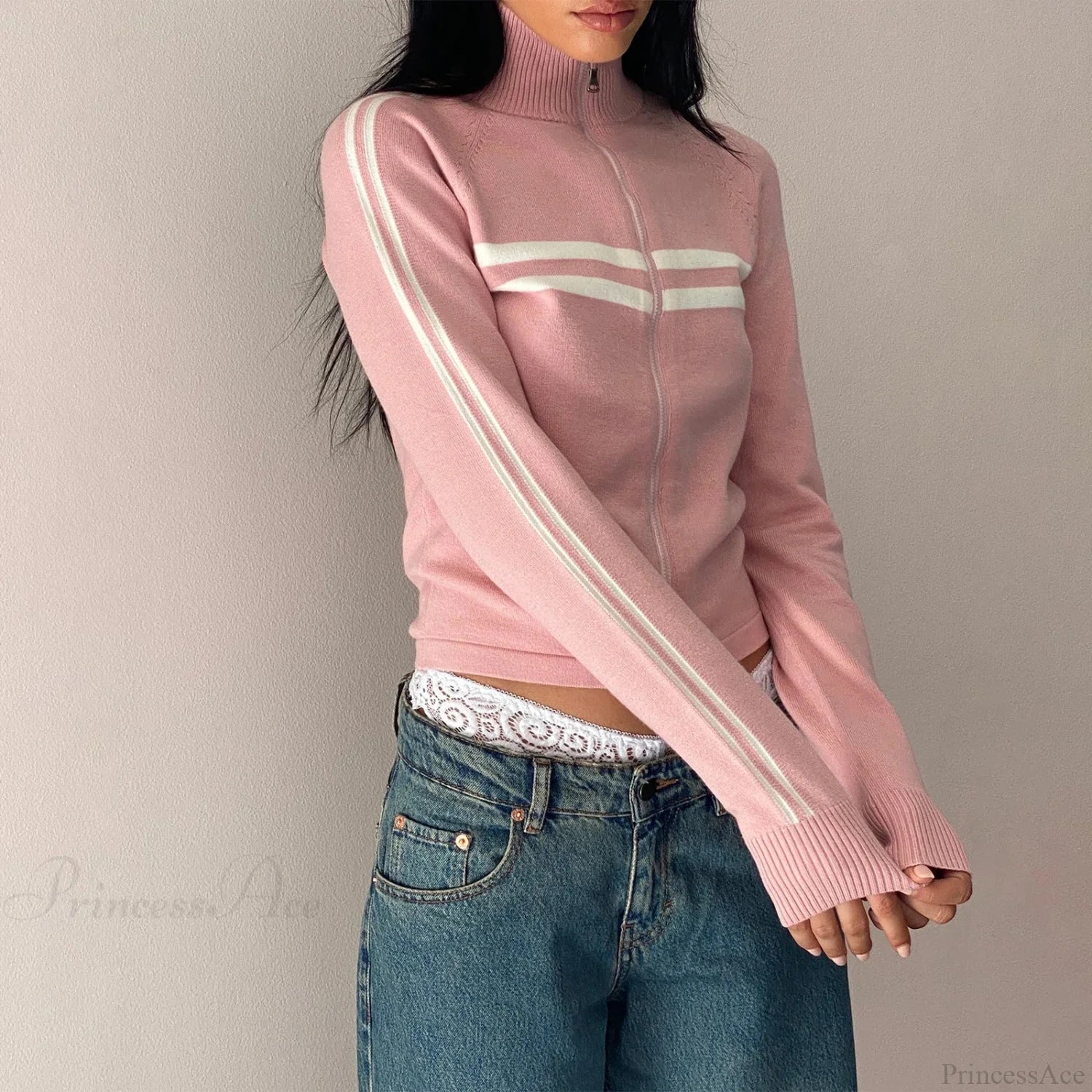 Ribbed Stripe Stylish Zipper Pullover Jacket - Image 4