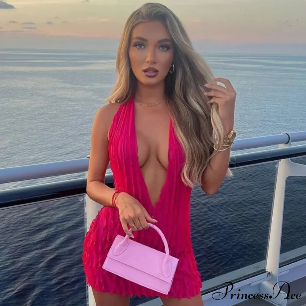 Pink Ruffles Deep Charming V-neck Mini Dress - Image 12