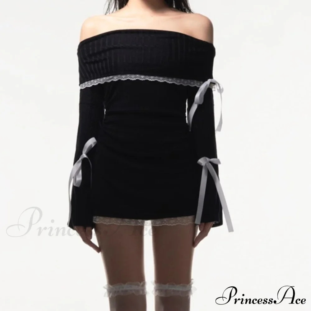 Black Long Sleeve Charming Off-shoulder Bow Mini Dress - Image 8