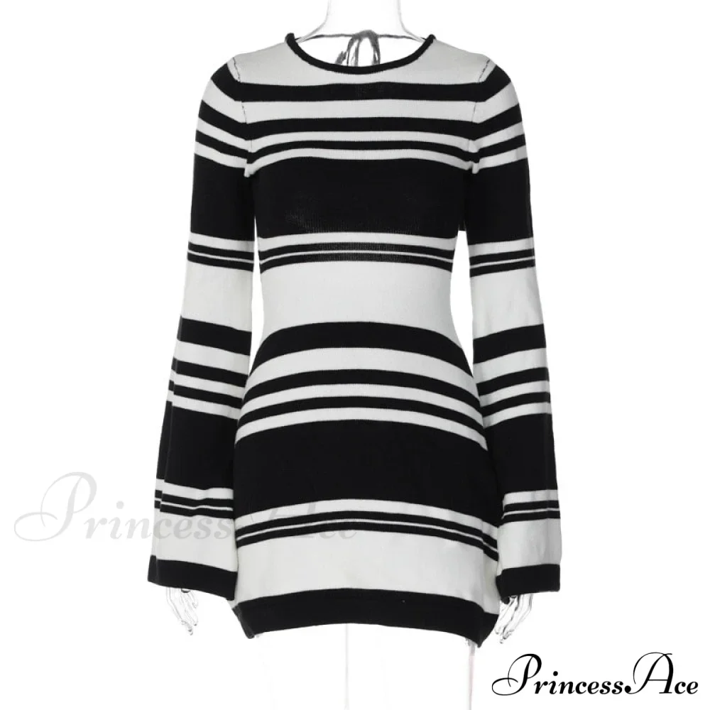 Black Stripe Knit Backless Graceful Long Sleeve Mini Dress - Image 9