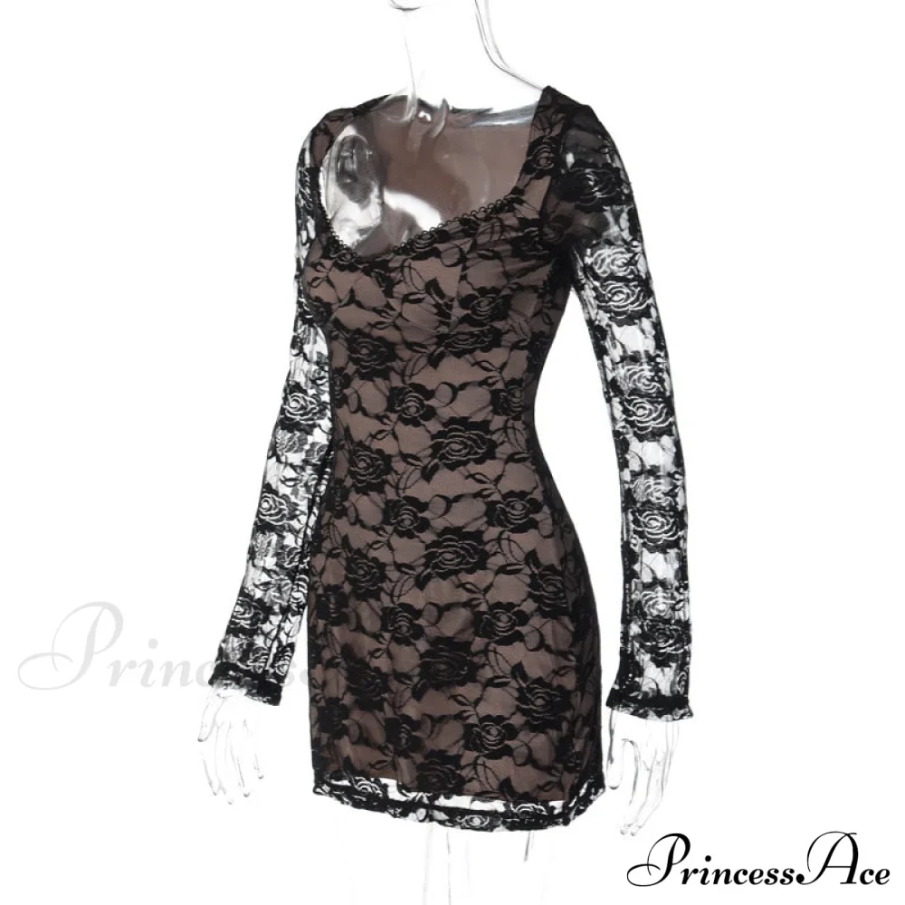 Black Lace Layered Charming Long Sleeve Mini Dress - Image 10