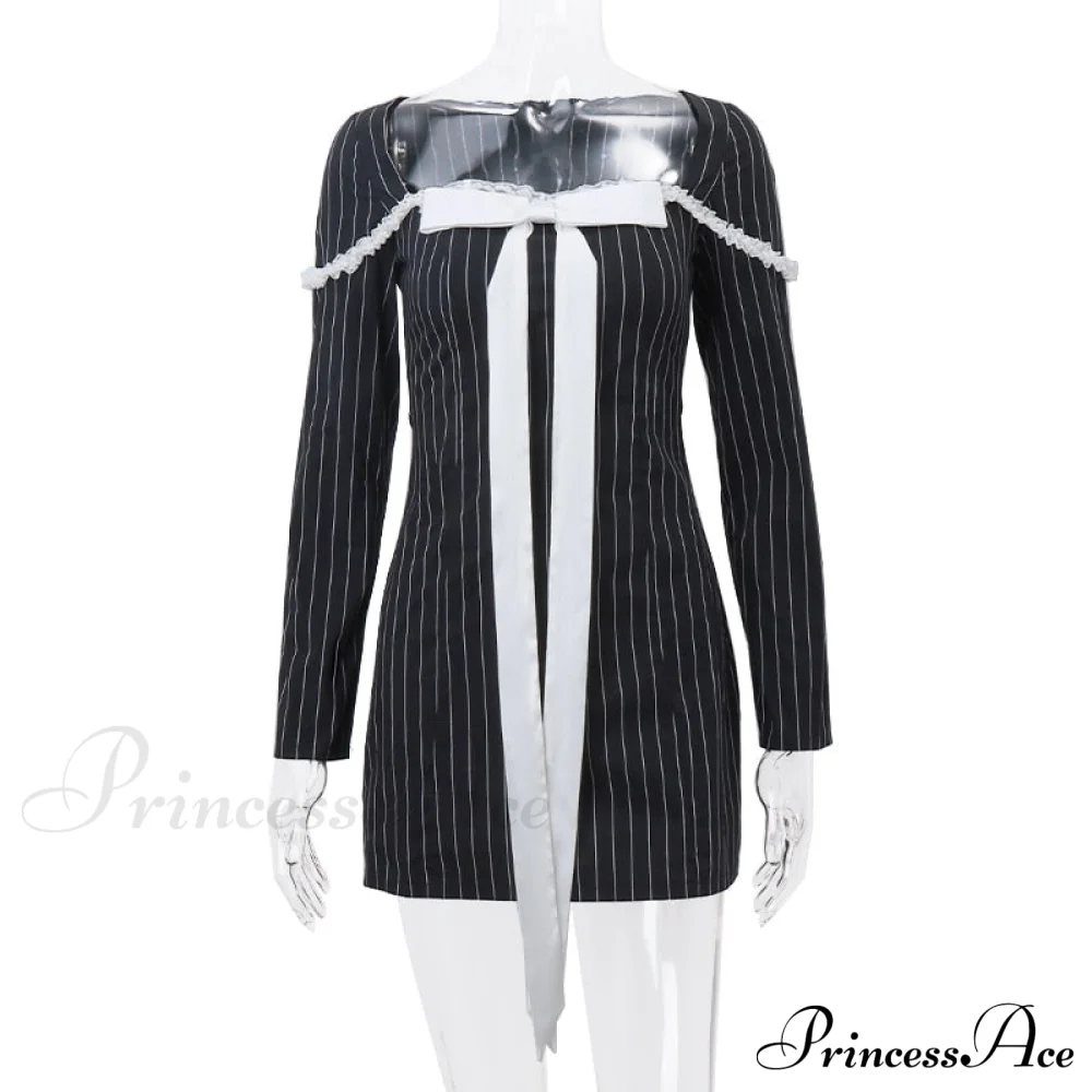 Black Stripe Long Charming Sleeve Bow Mini Dress - Image 10