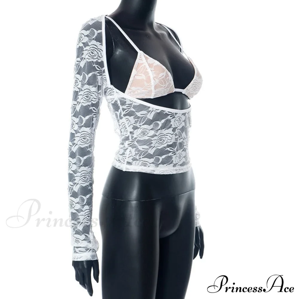 Lace Sheer Long Sleeve Graceful Cut Out Bralette Top - Image 11
