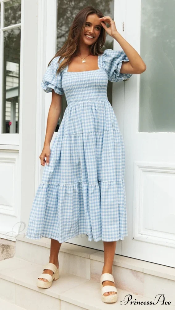 Plaid Puff Stylish Sleeve Midi Dress - Image 13