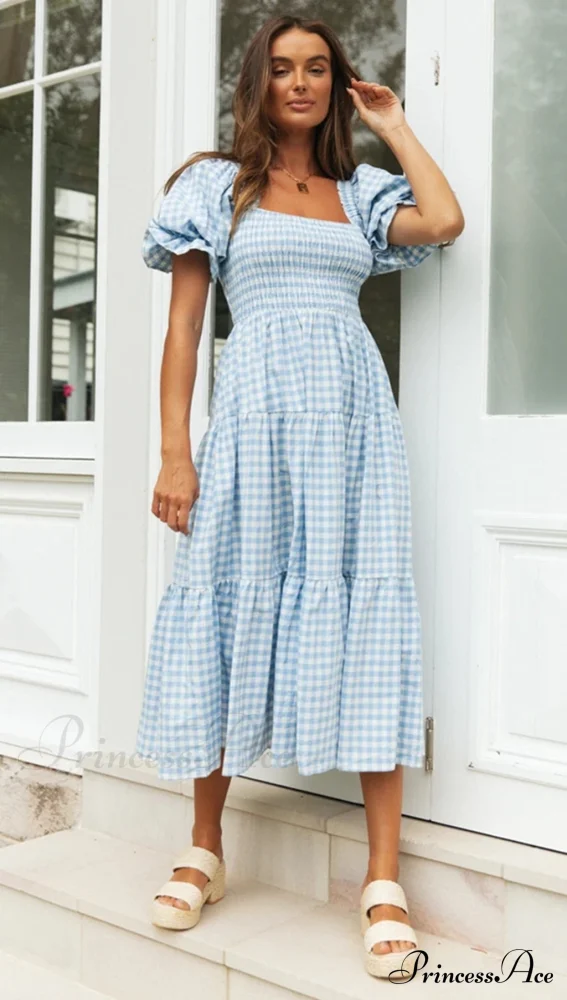 Plaid Puff Stylish Sleeve Midi Dress - Image 14