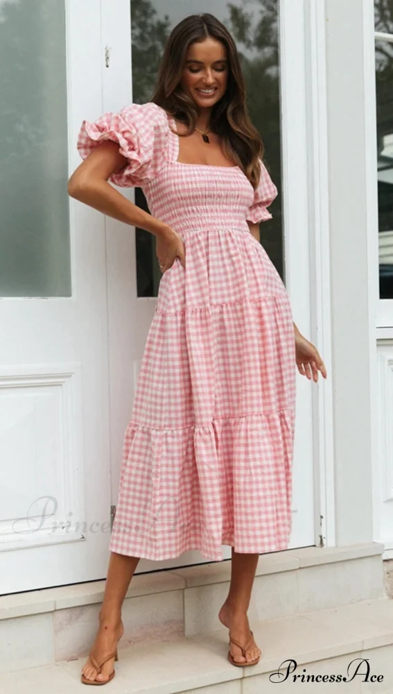 Plaid Puff Stylish Sleeve Midi Dress - Image 16