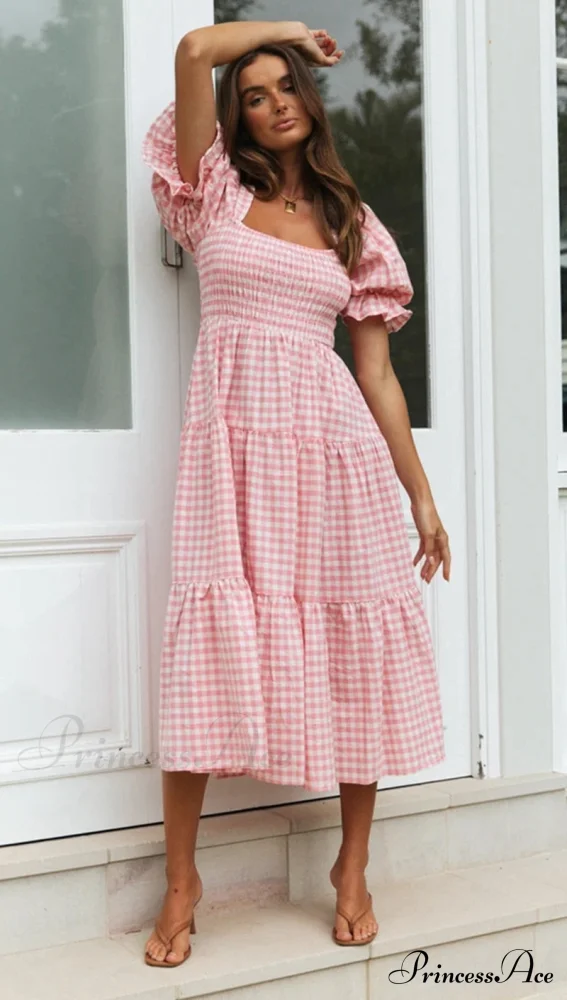 Plaid Puff Stylish Sleeve Midi Dress - Image 17