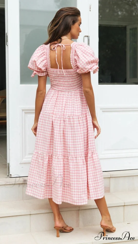 Plaid Puff Stylish Sleeve Midi Dress - Image 18