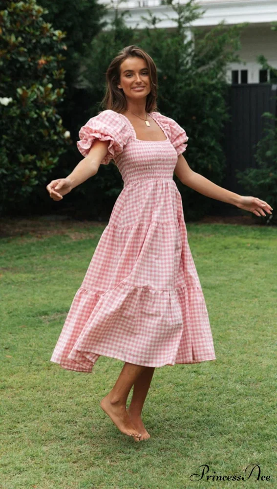 Plaid Puff Stylish Sleeve Midi Dress - Image 19