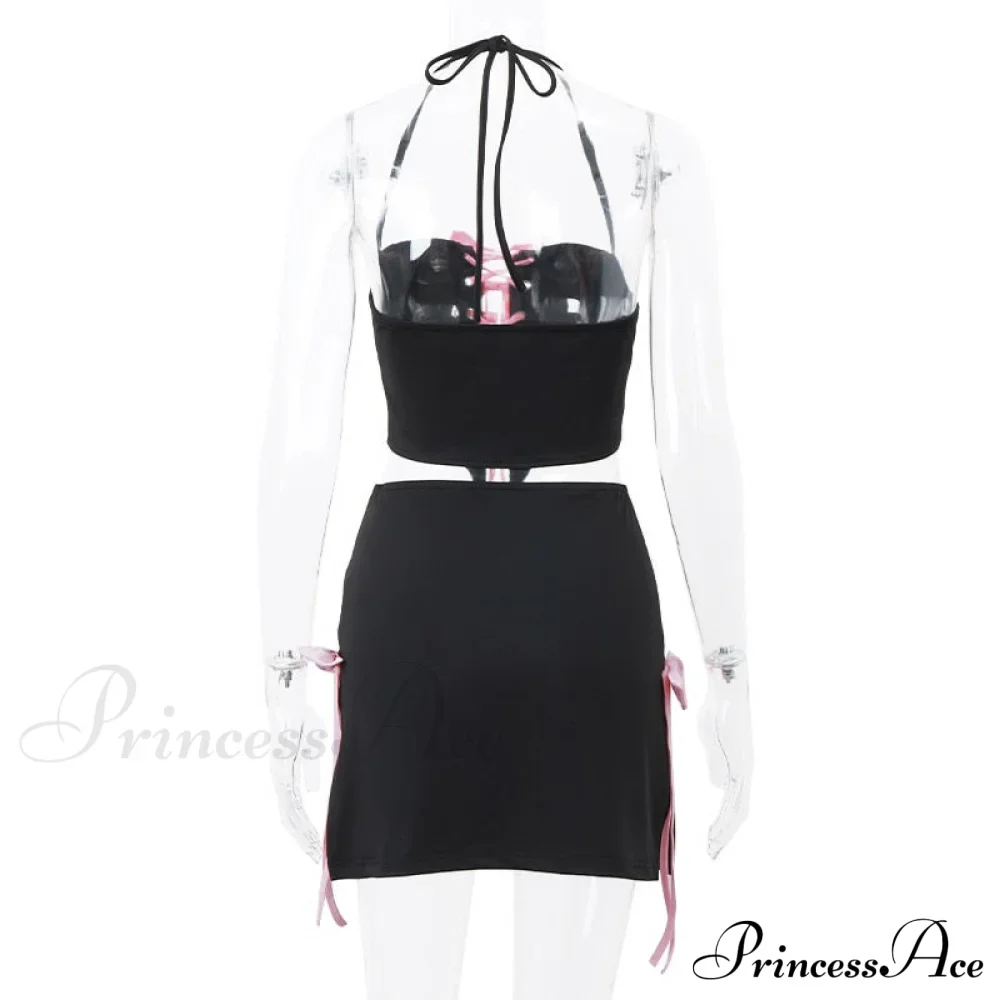 Black Halter Bow Tie Up Trendy Top And Mini Skirt Set - Image 8