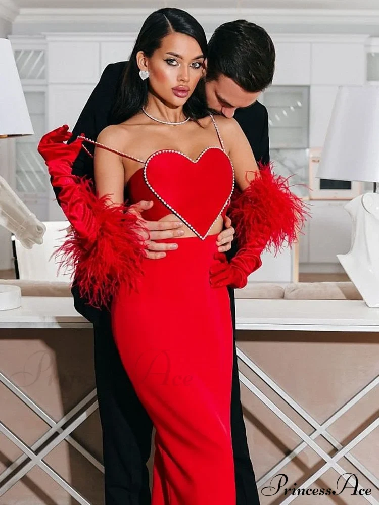 Red Heart Cut Out Graceful Rhinestone Strap Crop Top - Image 2