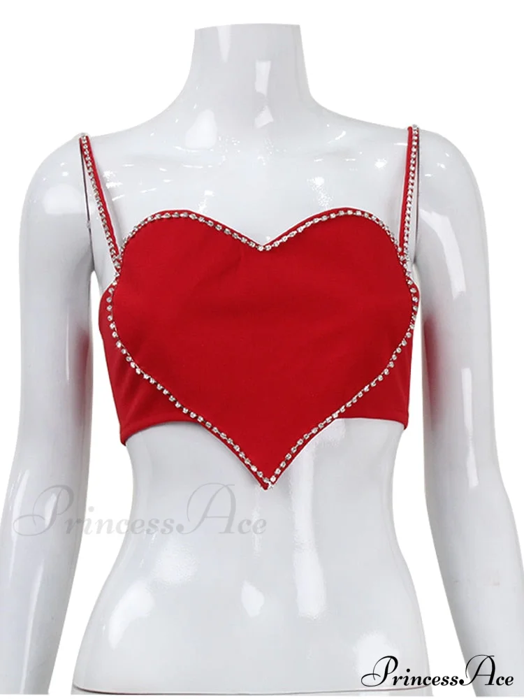 Red Heart Cut Out Graceful Rhinestone Strap Crop Top - Image 5