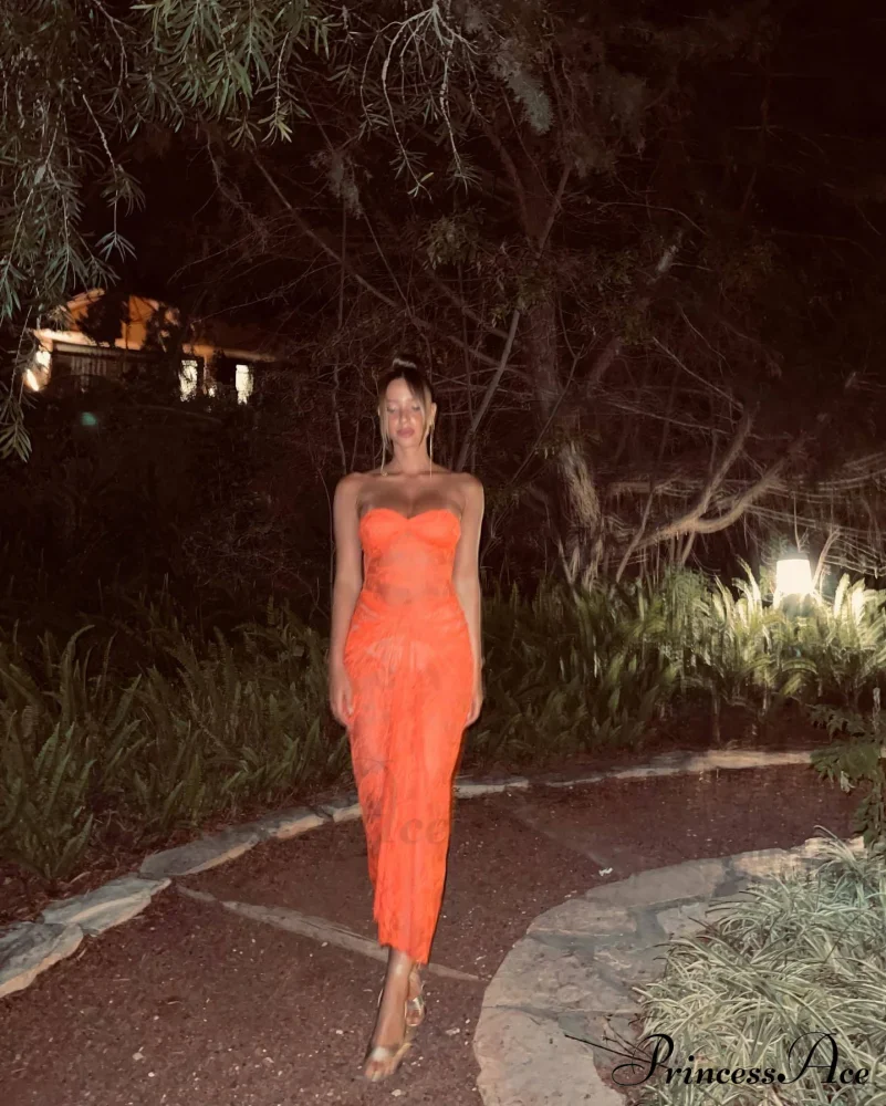 Orange Sheer Lace Charming Draped Tube Maxi Dress - Image 2