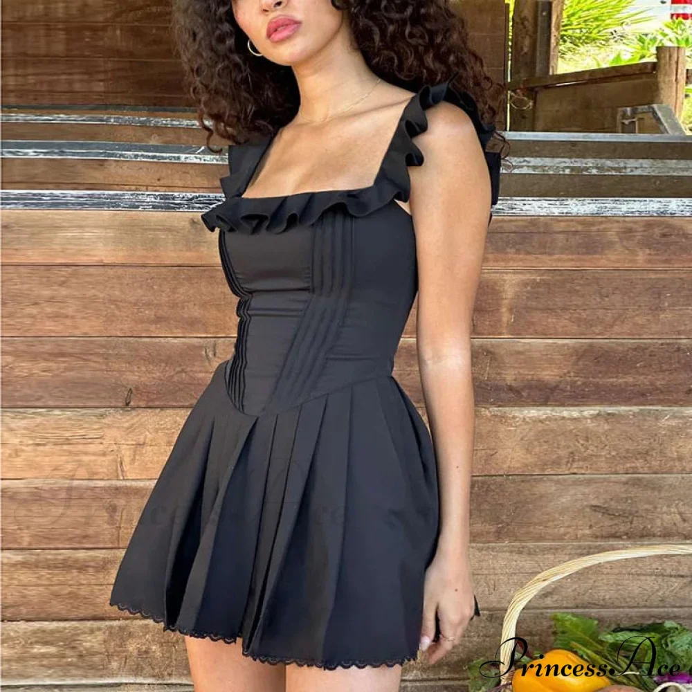 Black Corset Square Neck Graceful Frill Strap Mini Dress - Image 2