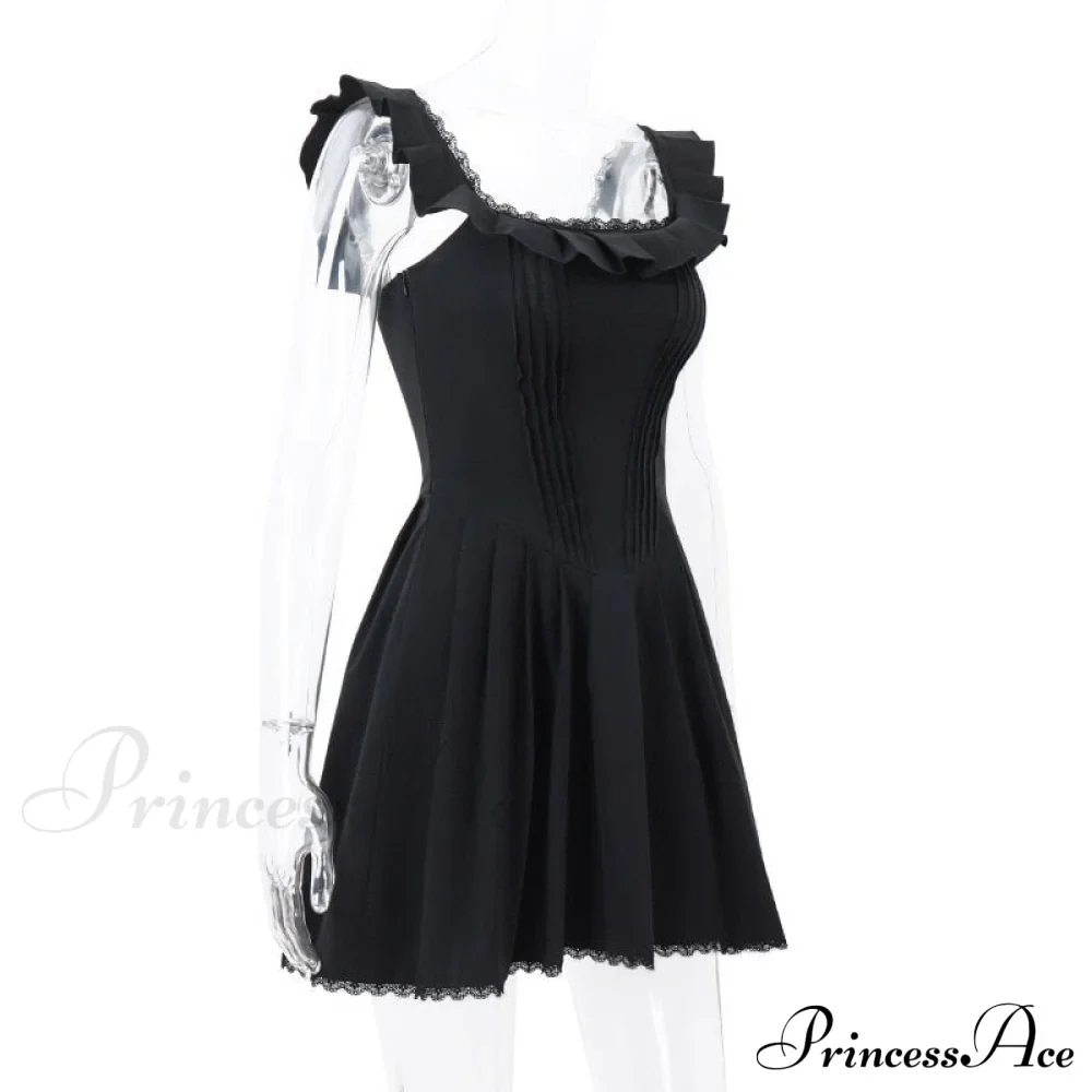 Black Corset Square Neck Graceful Frill Strap Mini Dress - Image 8