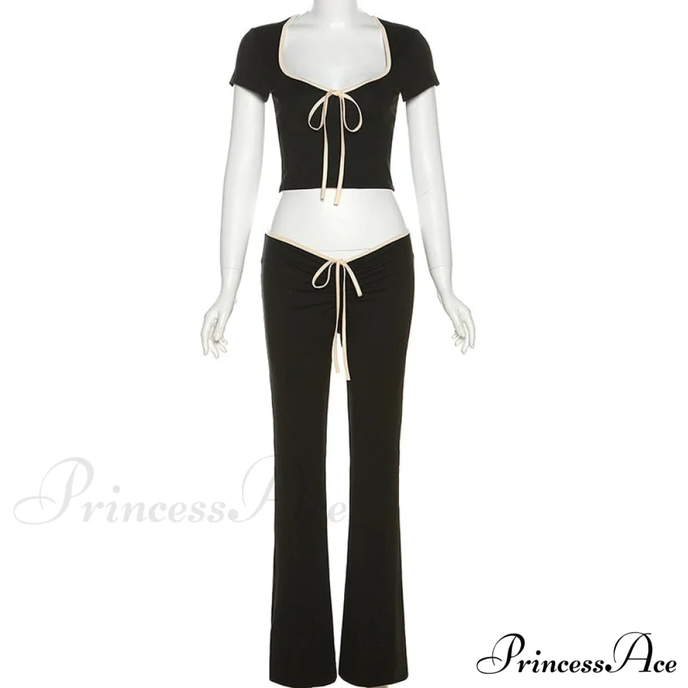 Black Ribbon Tie-Up Top Graceful And Pants Two Piece Set - Image 11