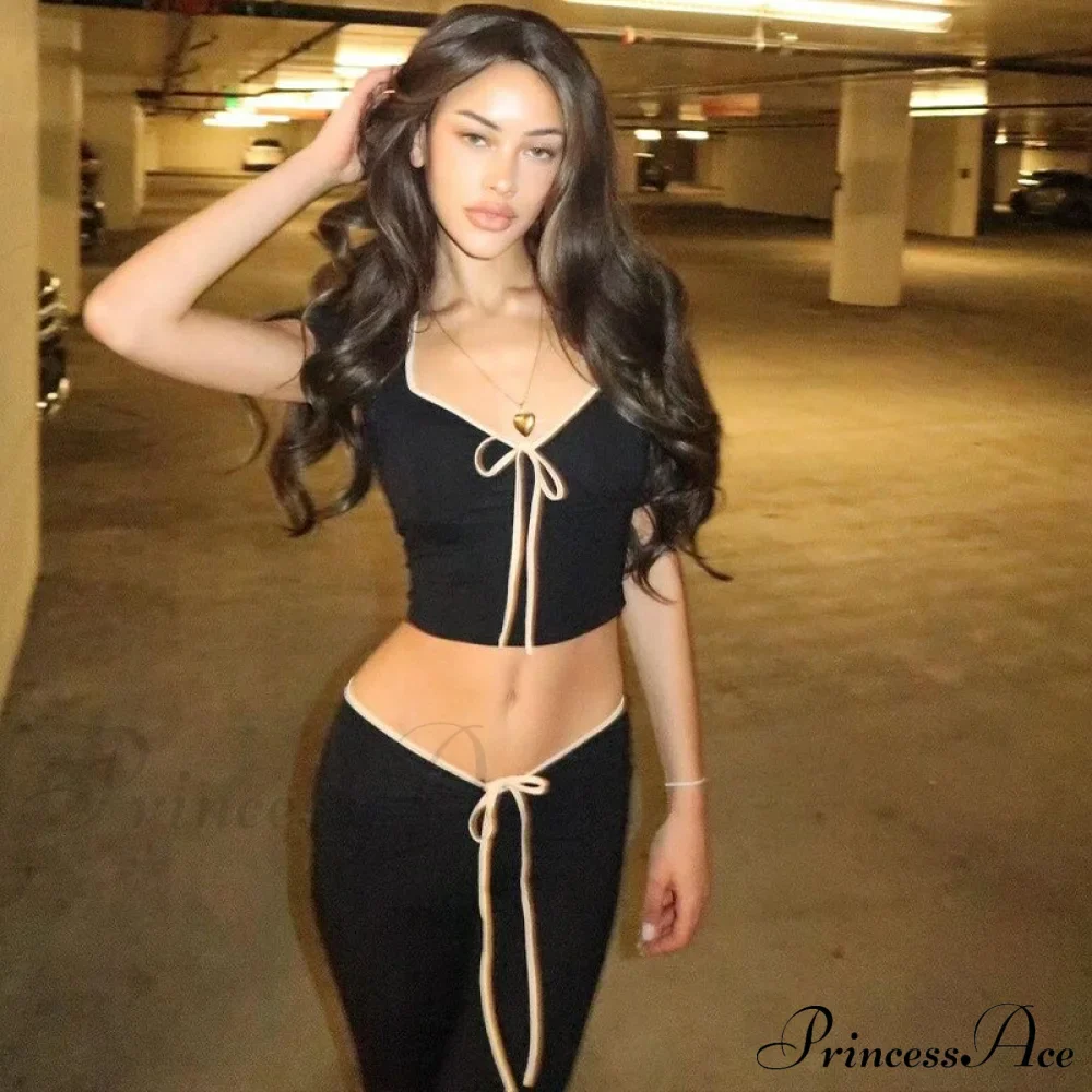 Black Ribbon Tie-Up Top Graceful And Pants Two Piece Set - Image 2