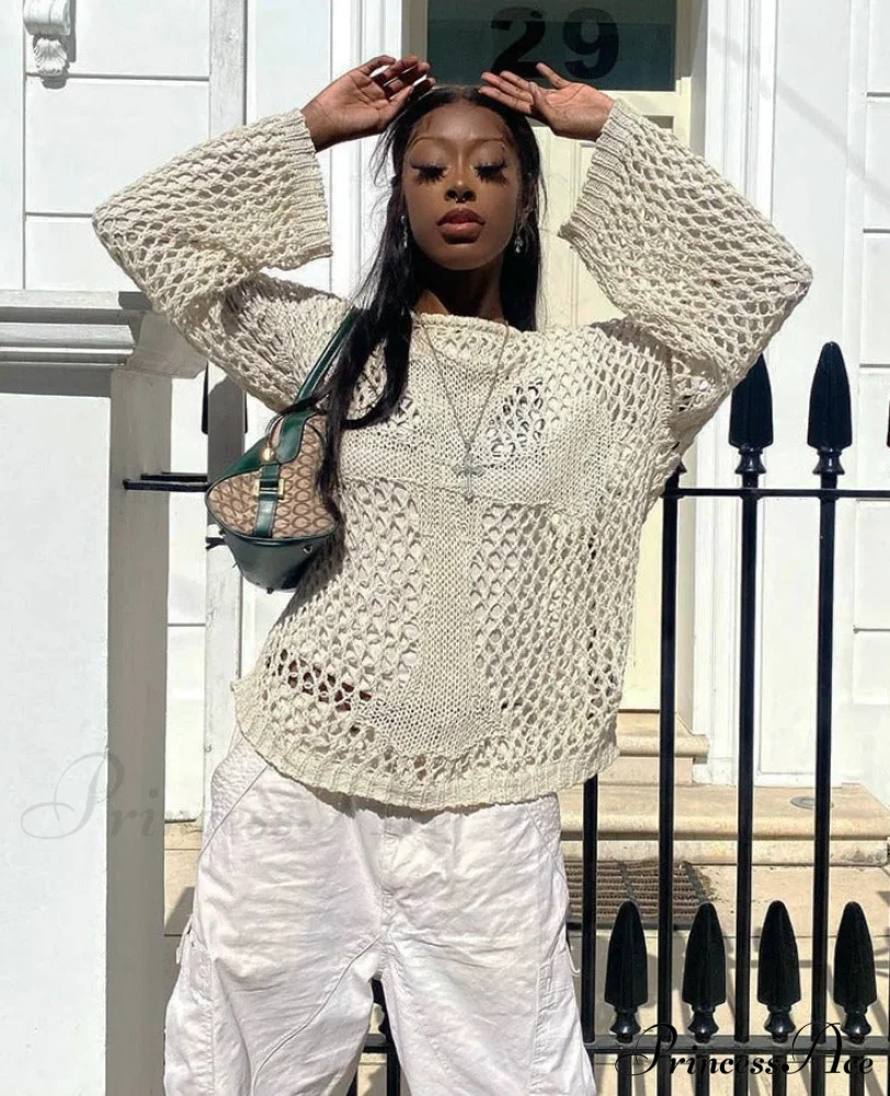 Distressed Cross Fishnet Charming Design Hollow Out Sweater