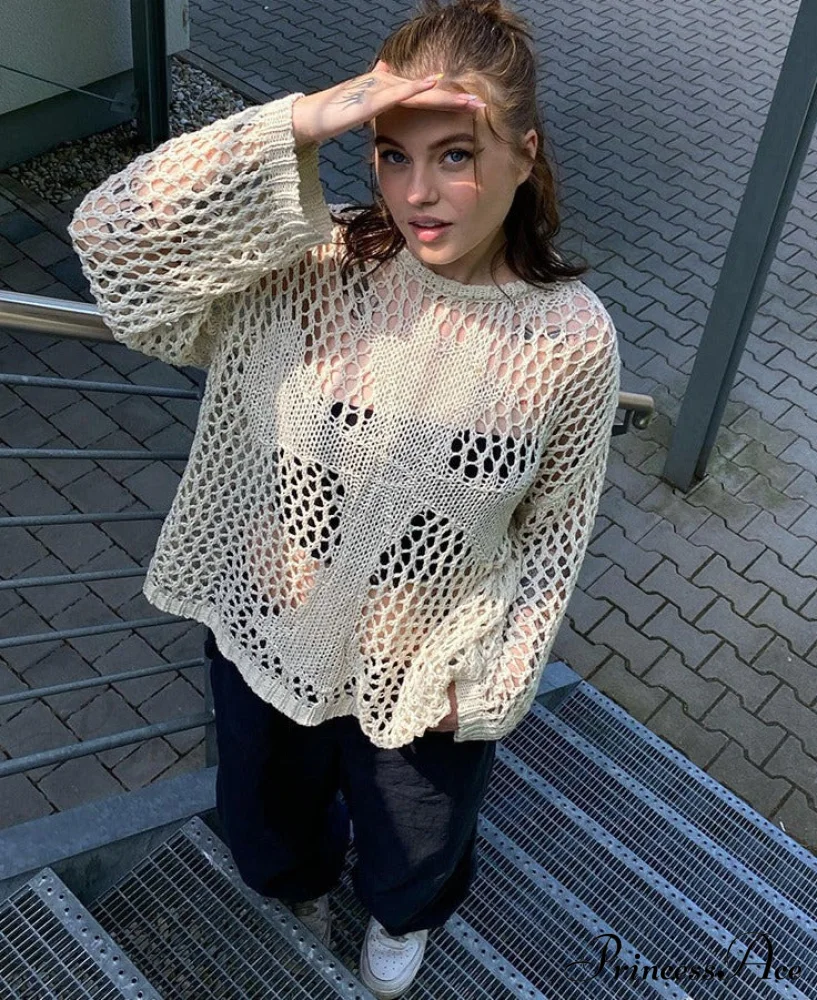 Distressed Cross Fishnet Charming Design Hollow Out Sweater - Image 6