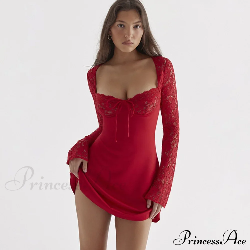 Red Lace Bustier Charming Long Sleeve Mini Dress - Image 3